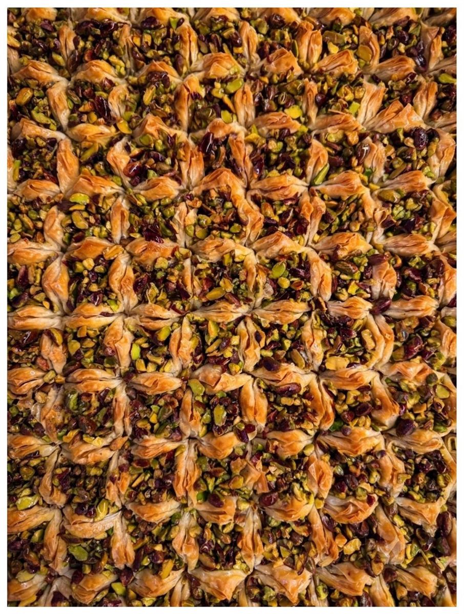 Close-up of freshly cut pistachio baklava